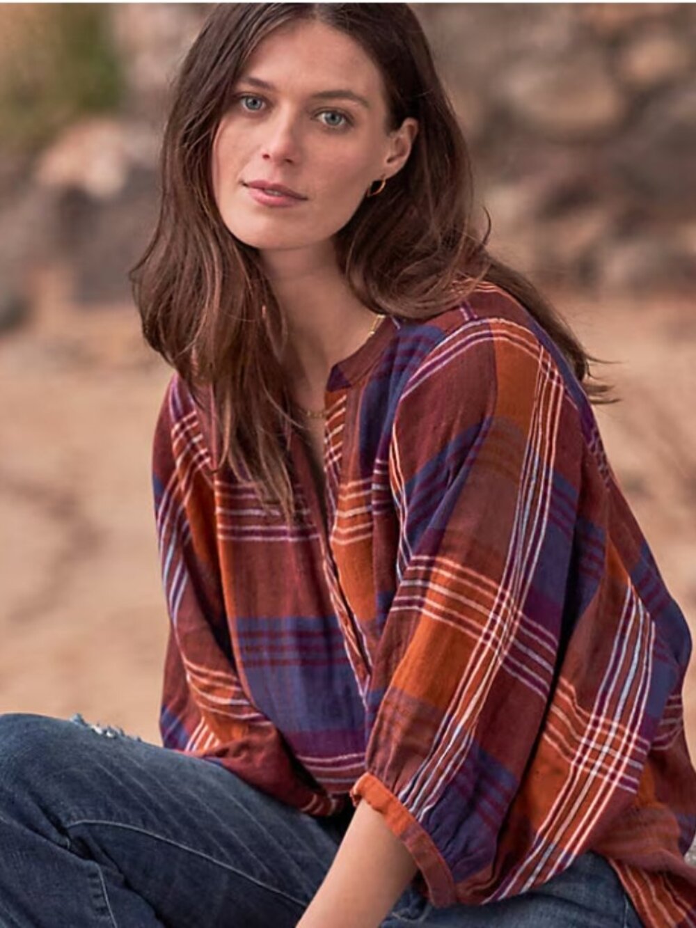 EUC GARNET HILL Organic Cotton Batwing Gauze Top Plaid Button-Front Size 12